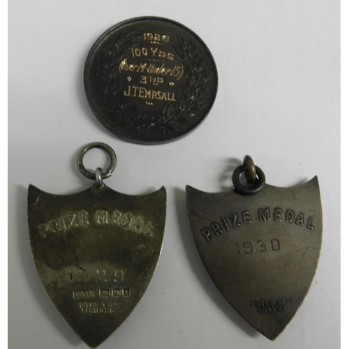 7 - Antique & vintage - silver & bronze shield/fob medals - dated 1919 & 1930 - & bronze Kings School me... 