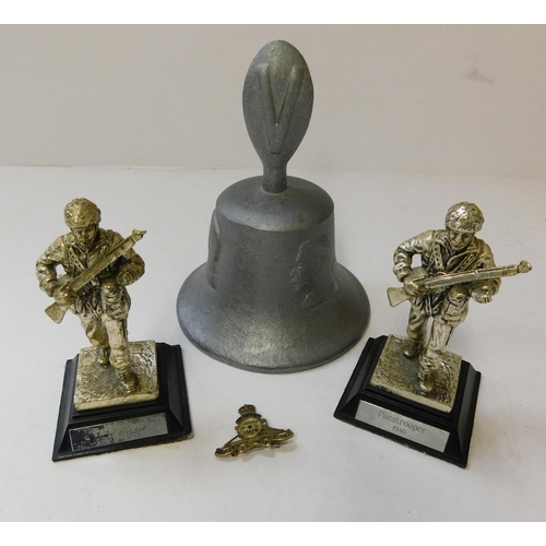 99 - WWII style - Victory bell/two WWII style paratrooper figures & Royal Artillery badge