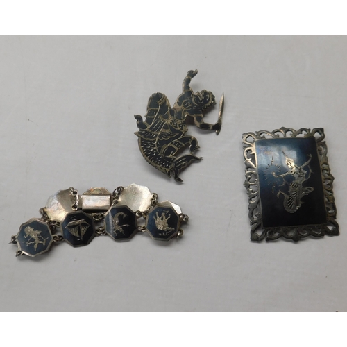 117 - Two - 925 silver Siam brooches & 925 silver bracelet