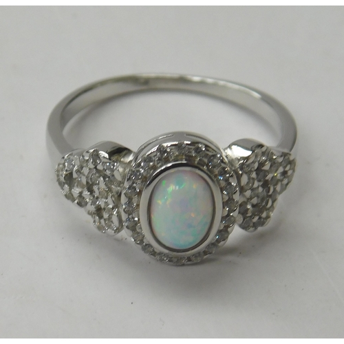 125 - Silver - opal & white CZ set ring