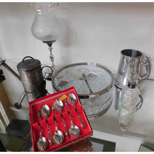 228 - Mixed items including - silver plate/pewter & perfume bottle with silver collar