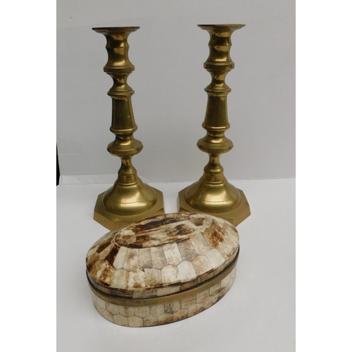 235 - Vintage - enamel/shell case & brass candle sticks