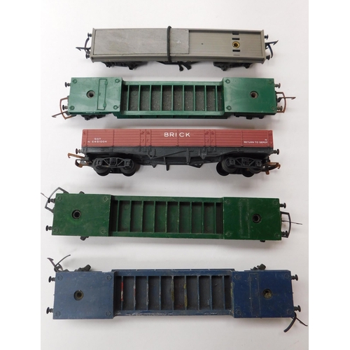 240 - Three - Tri ang R118 Bogie Well wagons - R110 Bogie Bolster wagon & R219 Bogie brick wagon