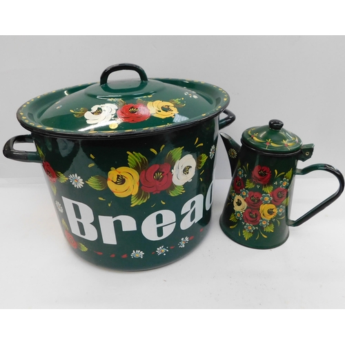 26 - Enamelled barge ware - bread bin & teapot