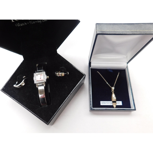 265 - Rojas - ladies bangle watch & earring set - & silver pendant