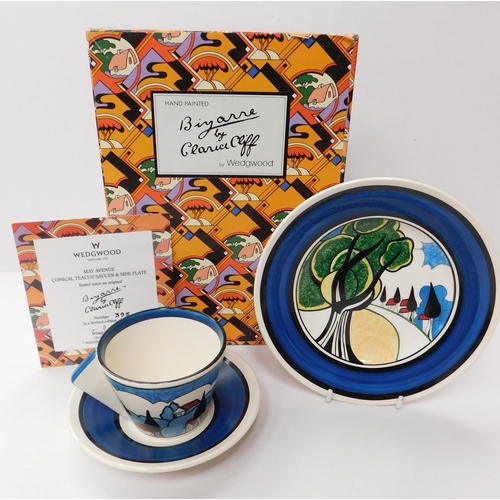 271 - Wedgwood Clarice Cliff - Ltd. Edition May Avenue Cup/conical saucer & side plate - 395/500