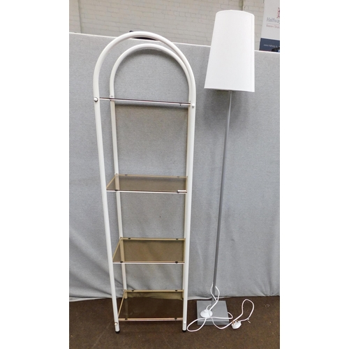 555 - Retro white metal shelving unit with smoked shelves & standard lamp