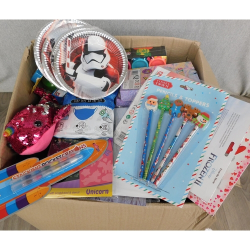 692 - Large box of new mixed toys incl. pencil and toppers, playdough etc.