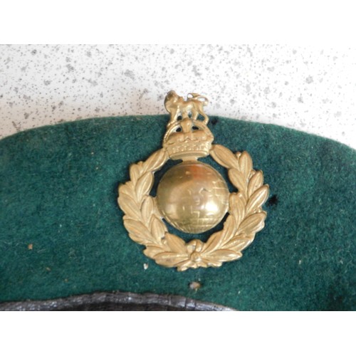 35 - British - Royal Marines beret & commando style dagger with leather & brass sheath...