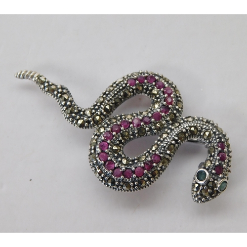 106 - Silver - stone set marcasite snake brooch