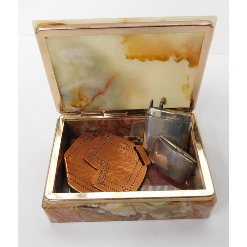 18 - Mixed items - including onyx trinket box/petrol lighter &  hammered copper buckle