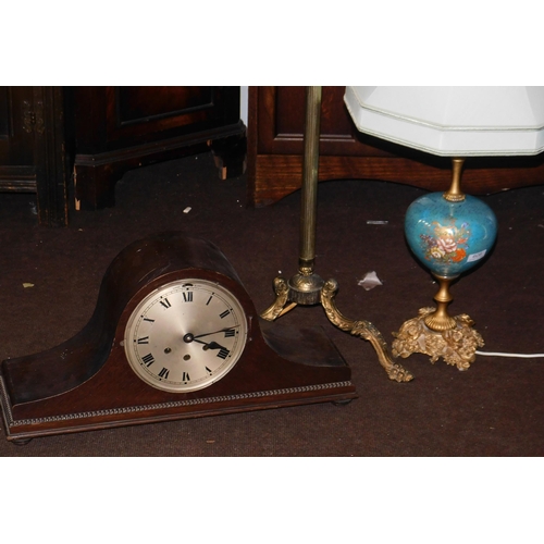 608 - Brass standard lamp, decorative table lamp & mantle clock