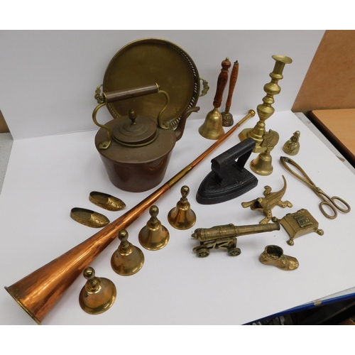 84 - Mixed - copper & brass items - including horn & copper kettle