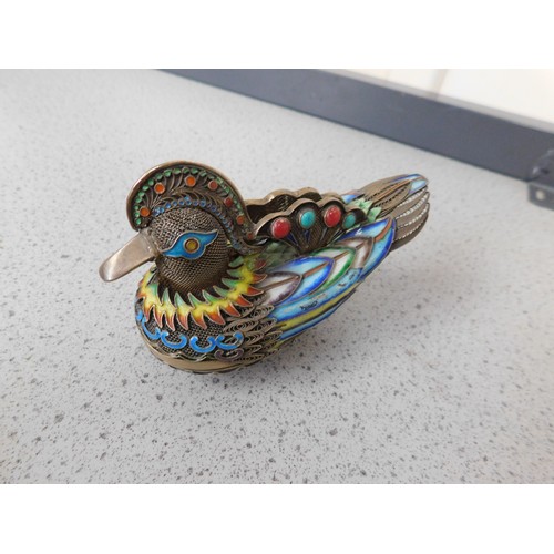 135 - Antique - Sterling silver & enamel decorated - Chinese bird/trinket dish