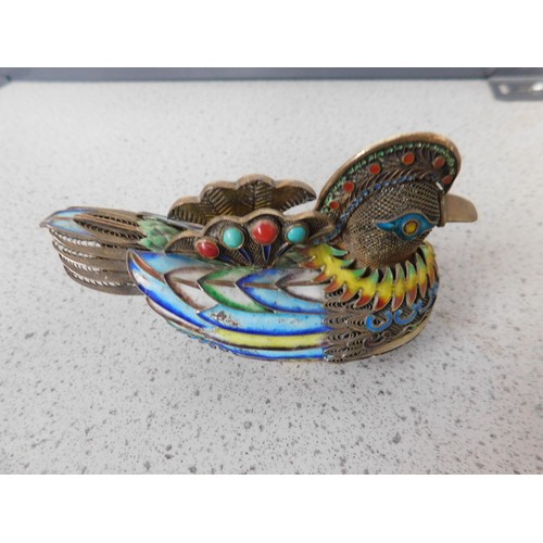 135 - Antique - Sterling silver & enamel decorated - Chinese bird/trinket dish