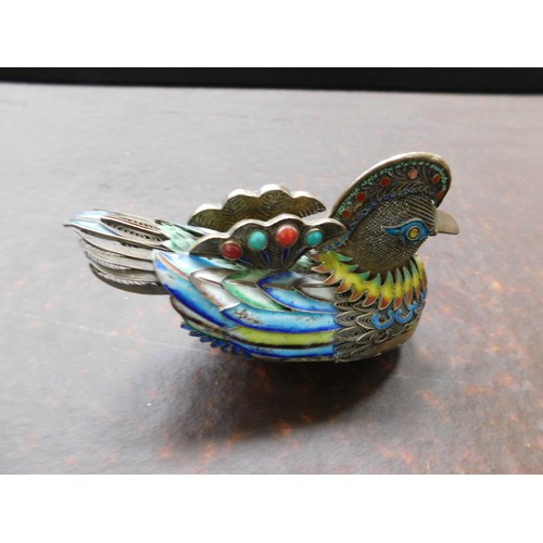 135 - Antique - Sterling silver & enamel decorated - Chinese bird/trinket dish