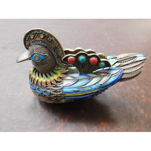 135 - Antique - Sterling silver & enamel decorated - Chinese bird/trinket dish