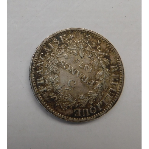 209 - Antique French - 1876 dated - Five Franc coin