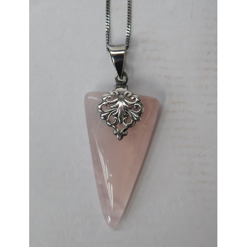 234 - Silver & pink quartz set - pendant on silver chain - & earrings