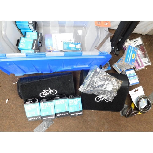 605 - Selection of bike spares incl. tools, inner tubes, track pump and stand