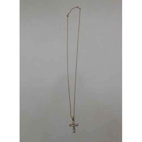 127 - 9ct gold - CZ set cross pendant on chain