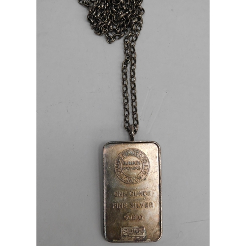 260 - One ounce - fine silver ingot - & 925 belcher chain