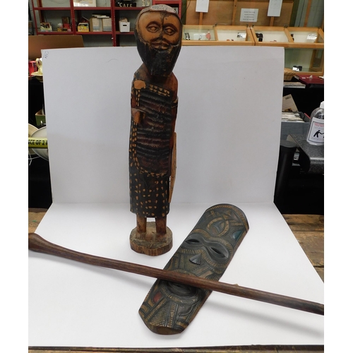 46 - African wooden items - including Zulu fighting stick/ Knobkerrie - mask & figure