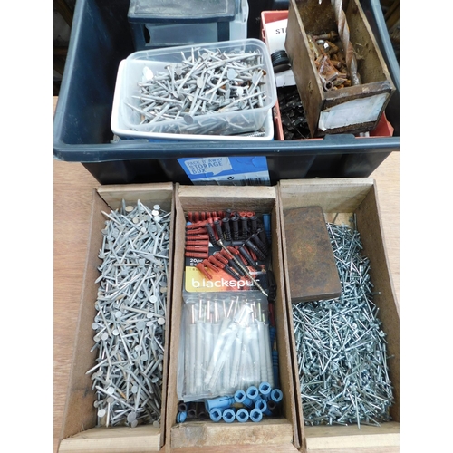 529 - 4x Boxes of fixings inc nails, fitting, rivets etc