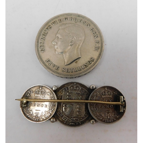 108 - Victorian - 1887 coin brooch & 1951 five shilling coin - enscribed