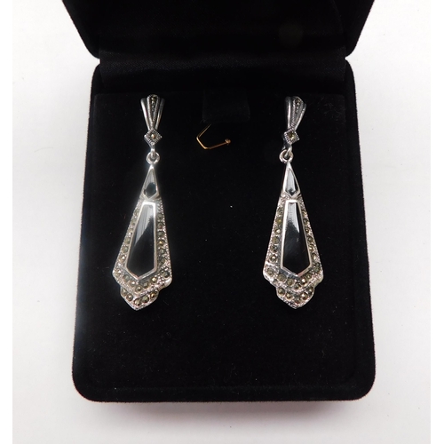 116 - Pair of silver - jet & marcasite earrings