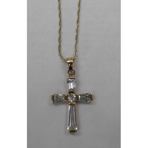 127 - 9ct gold - CZ set cross pendant on chain