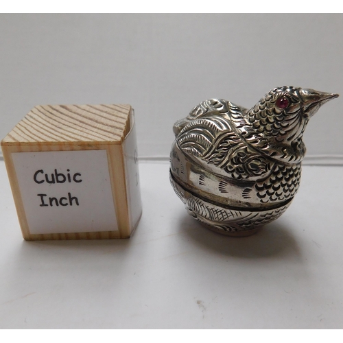 128 - 925 Silver - trinket/pill box - Bird with red stone set eyes