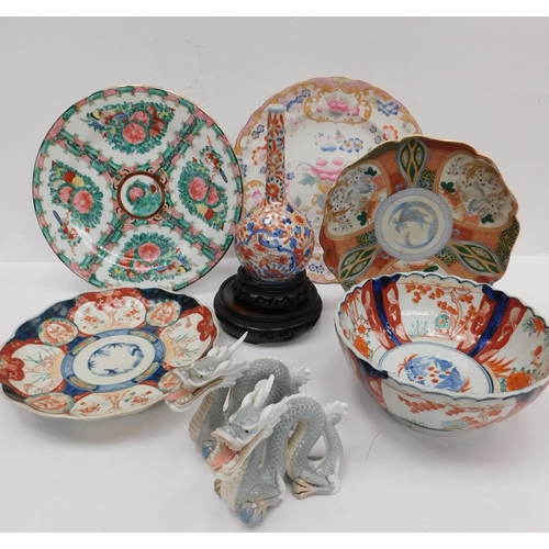 131 - Oriental ceramics - including chargers/bowls/vase & dragon