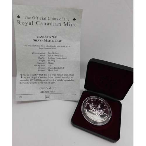 148 - Royal Canadian Mint - 2001 Maple Leaf - silver proof coin with paperwork