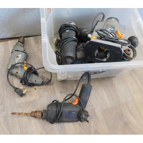 504 - Box of power tools-unchecked inc drills, router, angle grinder etc