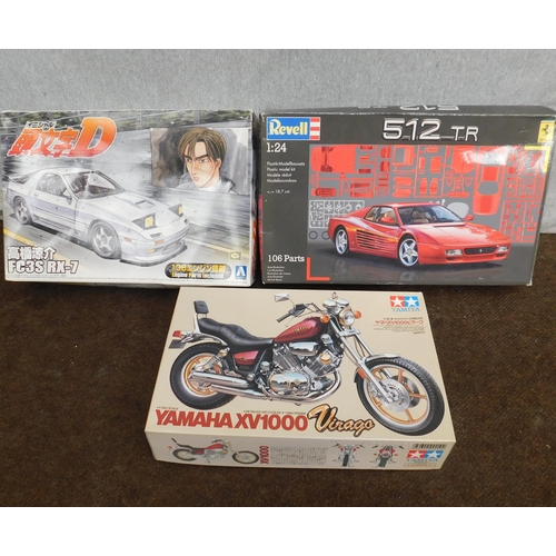 777 - 3 Assorted unused model kits incl. Ferrari and RX-7