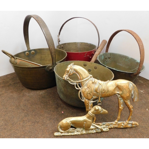 100 - Five - brass & copper pans - & fire decorations