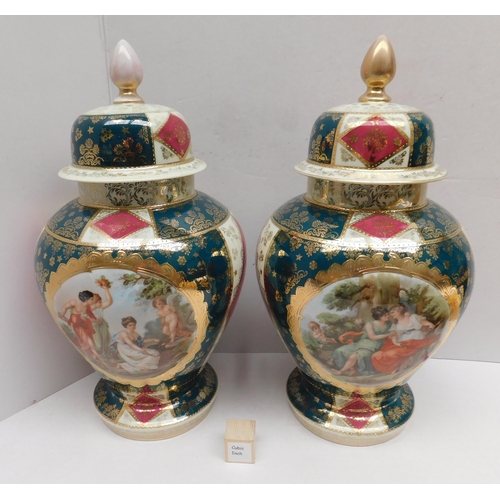 99 - Pair of ceramic - gilt & transfer decorated - ginger jars