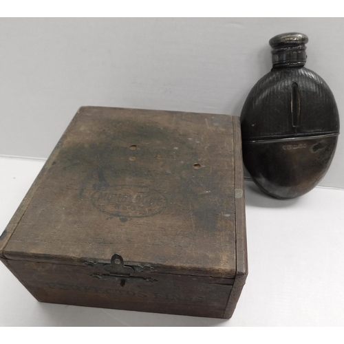 147 - Silver & leather - drinks flask & wood box