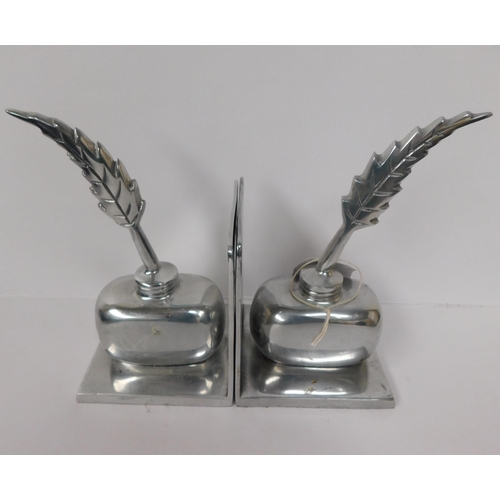 16 - White metal - quill & ink pot bookends