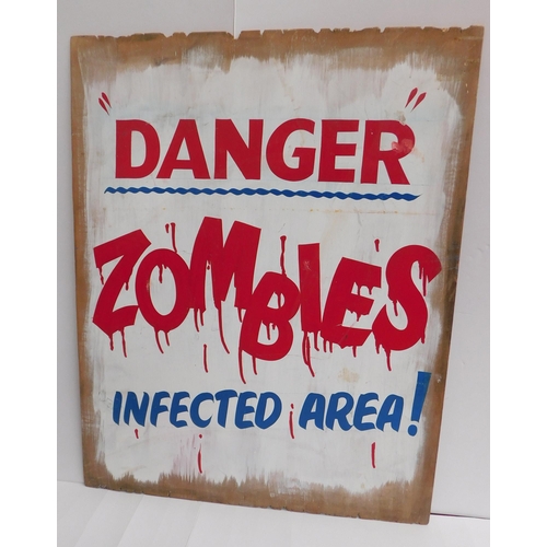 245 - Danger - Zombies infected area - hand painted/fairground advertising sign - approx. 24 x 30