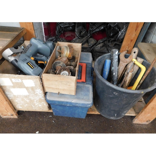 519 - Assortment of power tools, empty tool box and vintage tools