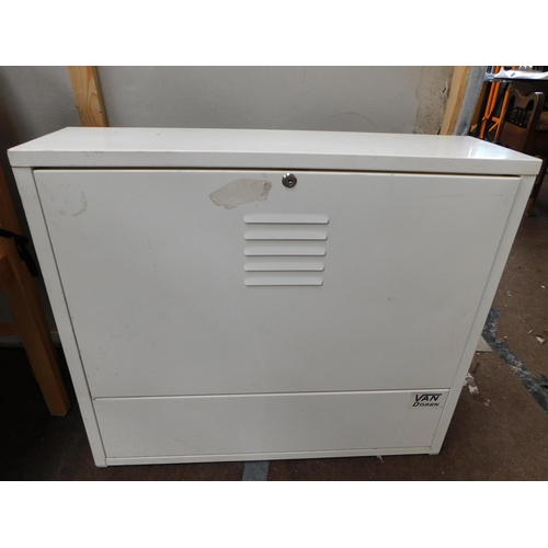 523 - White metal cabinet with hangings