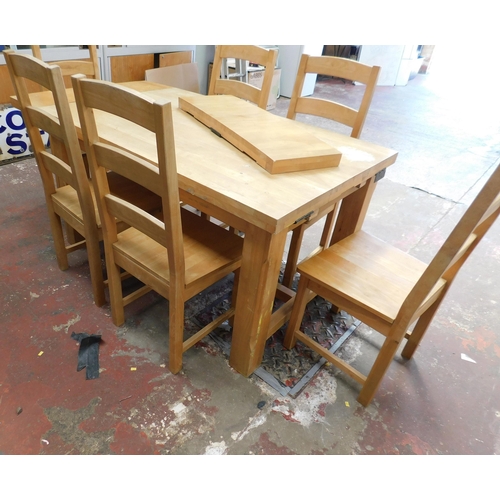 713A - 2 Leaf folding beech table and 6 chairs - 1 leaf needs re-adding approx. 80