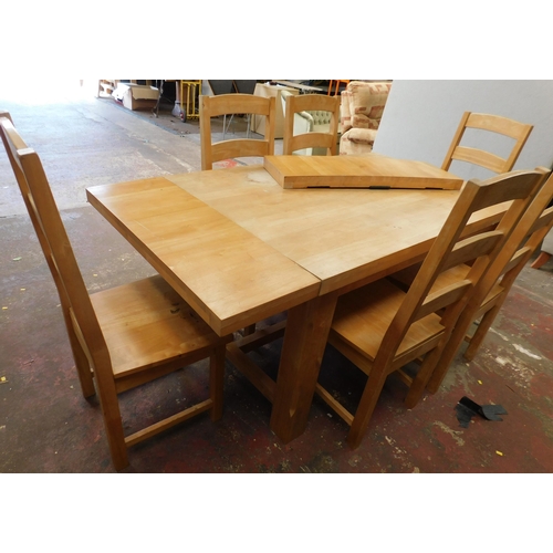 713A - 2 Leaf folding beech table and 6 chairs - 1 leaf needs re-adding approx. 80