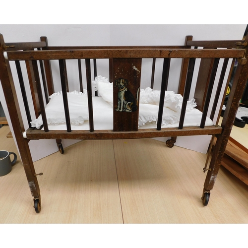 797 - Dolls wooden cot on casters (22