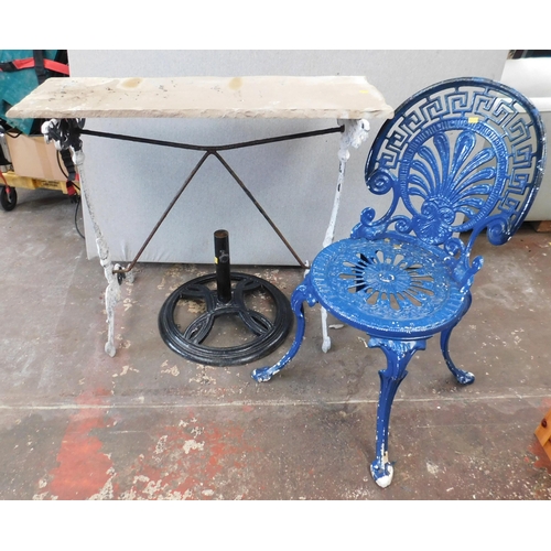 806 - Cast iron chair, table base (with slate top) and parasol base