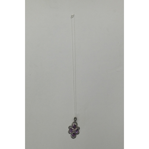 202 - Silver - amethyst & marcasite set pendant - & silver chain