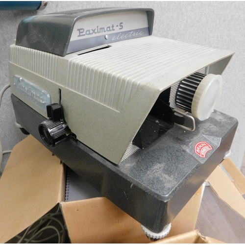 601 - Vintage Paximat electric projector and selection of slide cases W/O 1958 Braun and screen