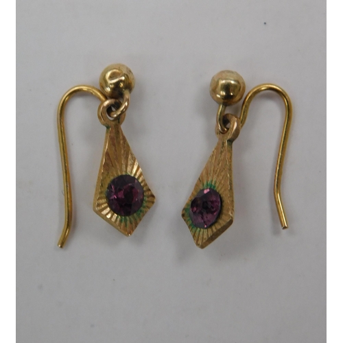 97 - 9ct gold - amethyst set/drop earrings